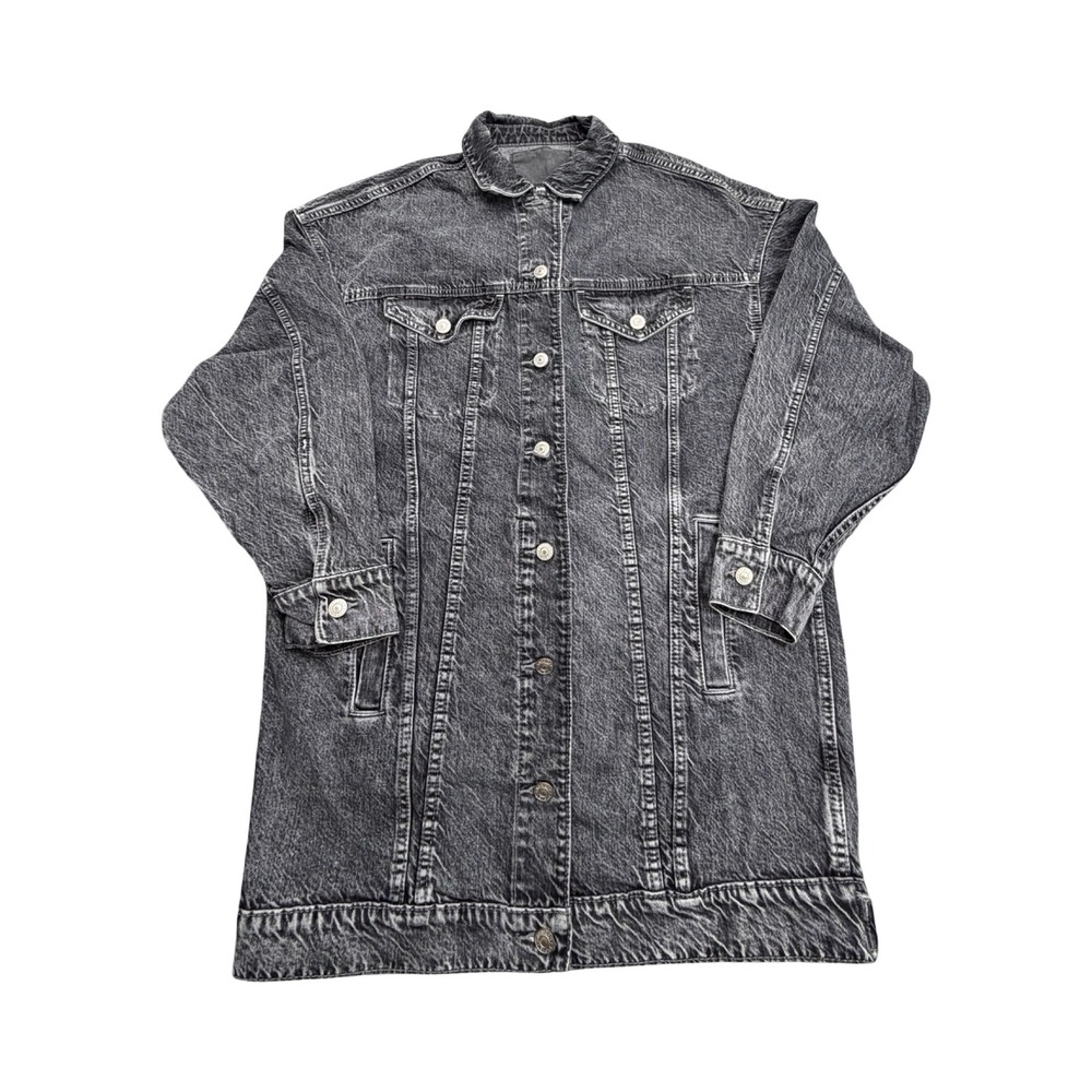 American Eagle Denim Jacket Women M Black Longline Acid Wash Button Oversize